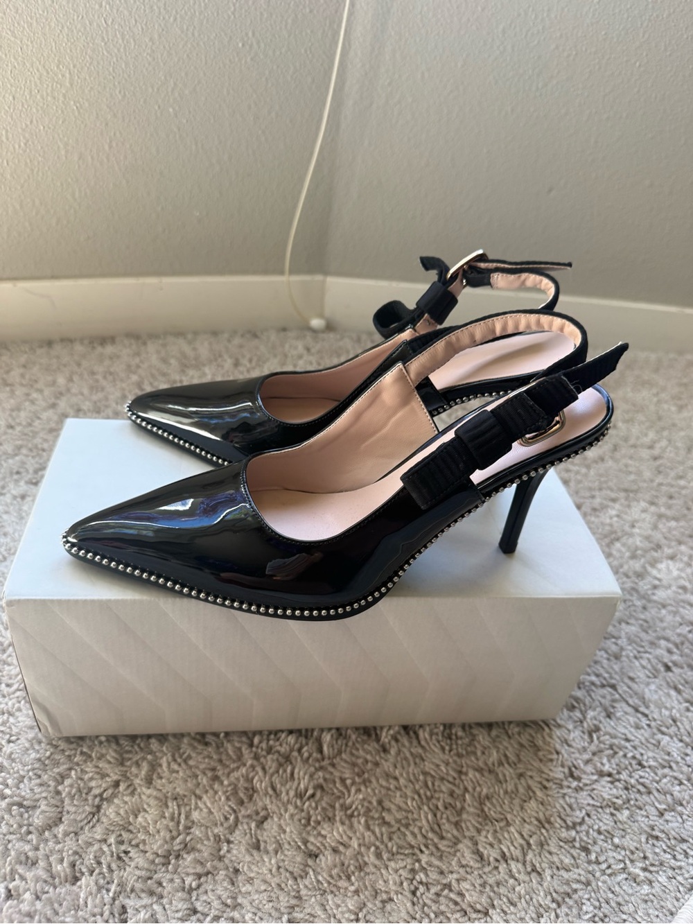 Black Patent Pointed-Toe Slingback Heels with Bow
